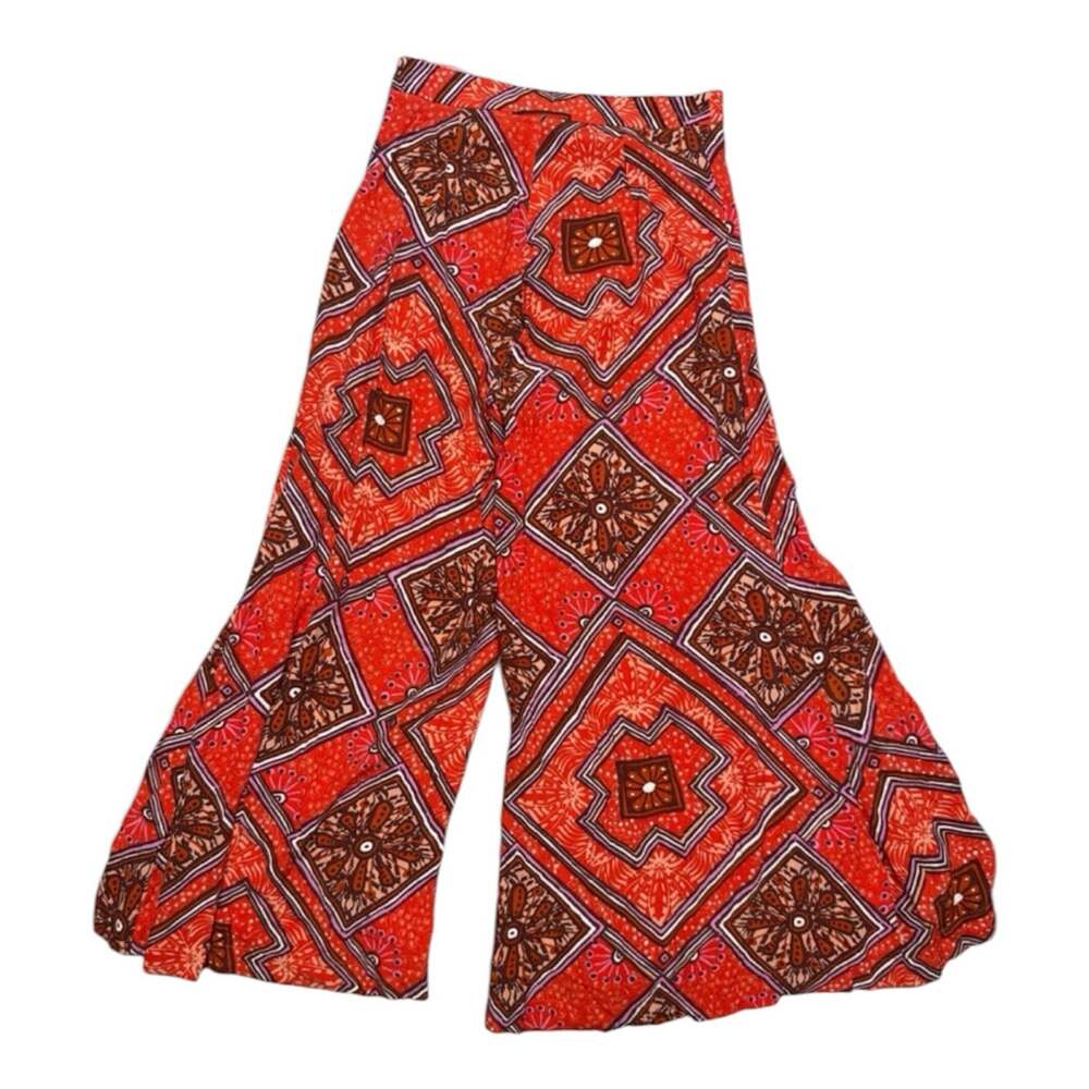 Anthropologie Red Skirted Wide-Leg Geometric Pants Sz 12 Boho Hippie Palazzo